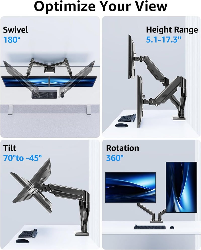 MOUNTUP Dual Monitor Stand fits up to 32 inch, 4.4-22 lbs Computer Screens, Dual Monitor Desk Mount Height Adjustable, Monitor Arms for 2 Monitors, Home Office VESA Mounts, Freelift Black - Image 4